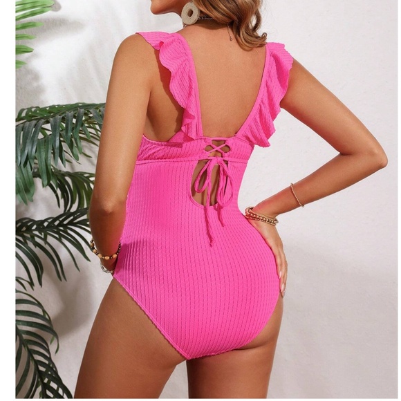 Maternity Lace up Cut out Ruffle Ribbed One Piece Monokini Swimsuit - Picture 3 of 7
